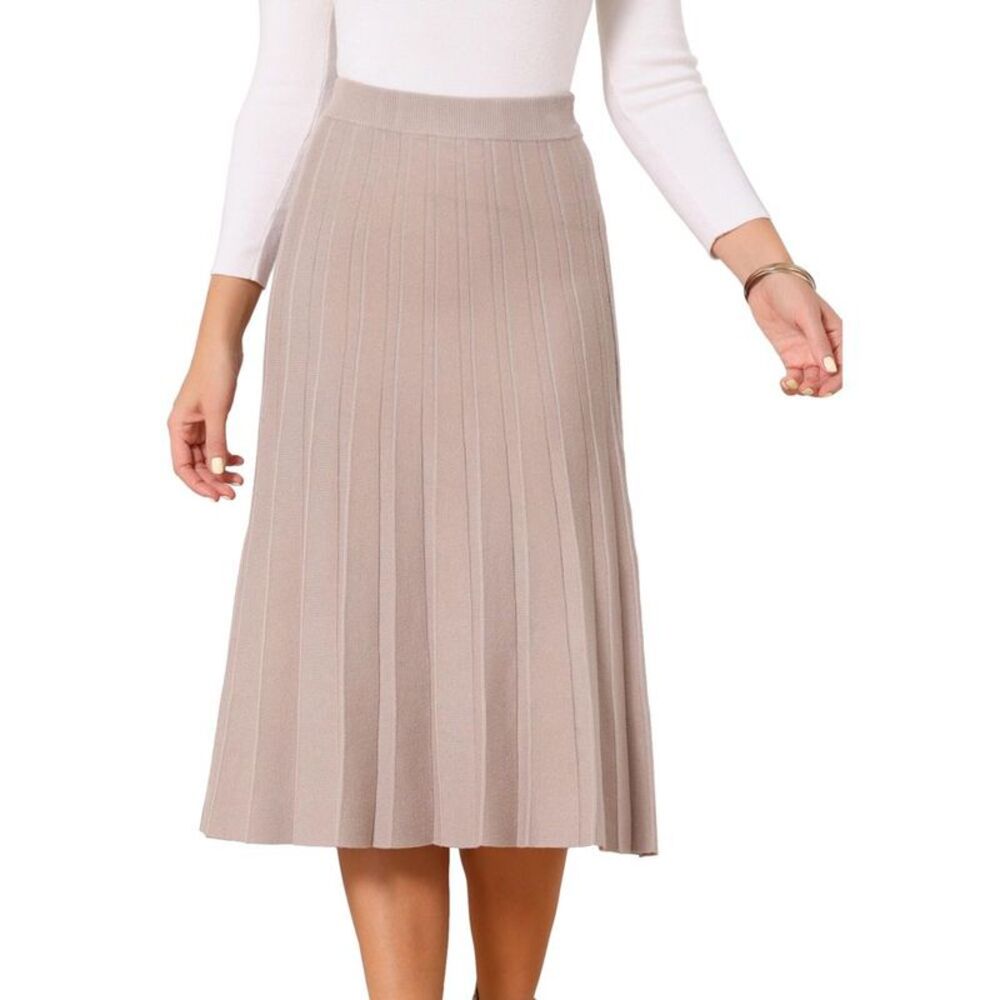 Women's Knit Pleated High Waist Stretchy A Line Sweater Midi Skirt Khaki X-Large